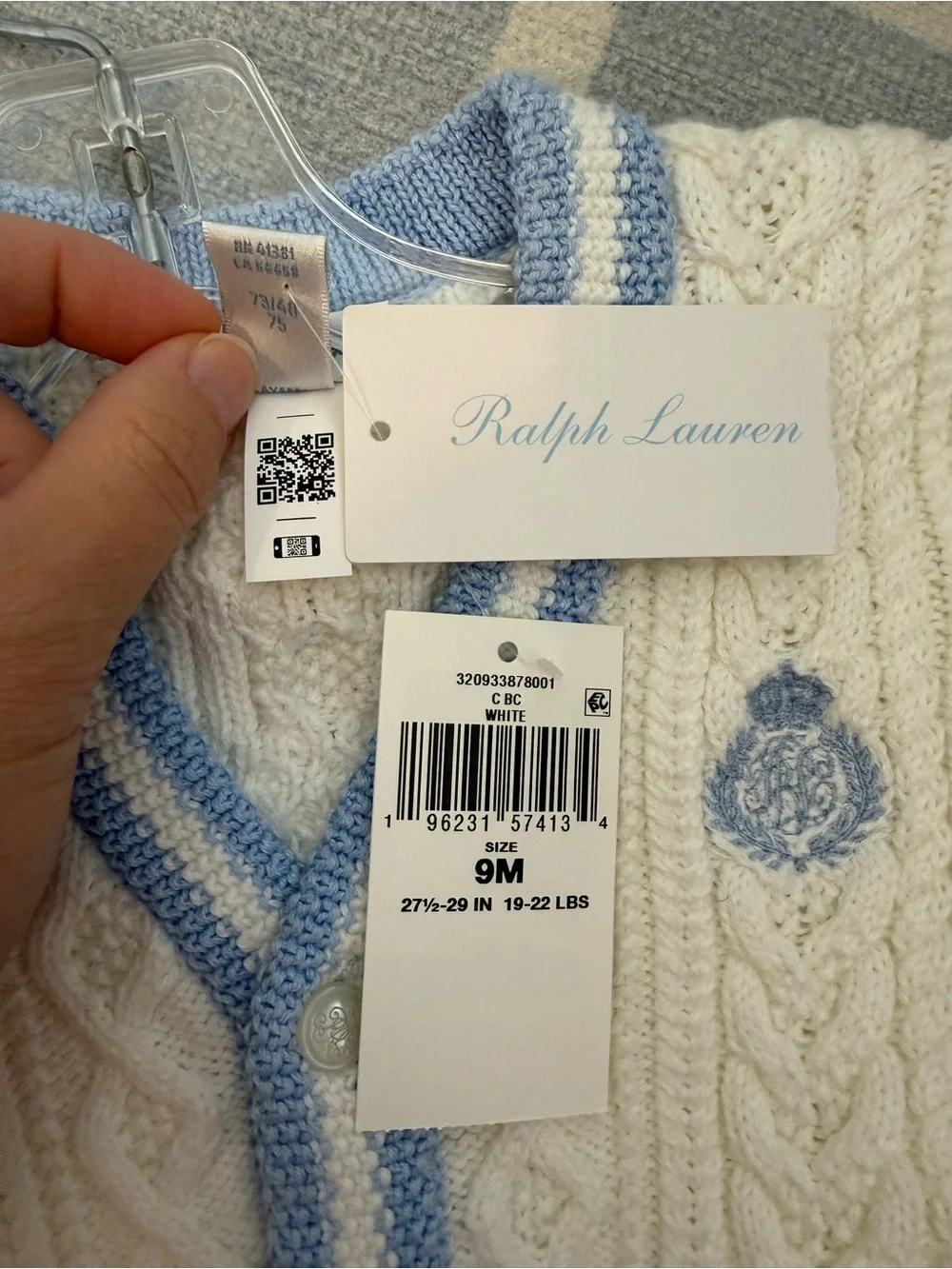 Ralph Lauren Baby Cream Cable Knit Cardigan with Light Blue Trim size 9m NWT